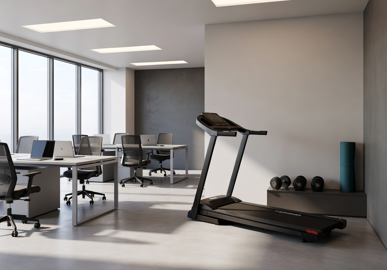 Modern office space with a fitness corner featuring compact workout equipment