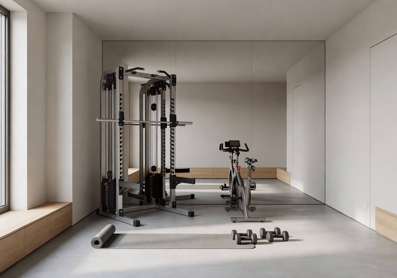Modern studio home interior with minimalist compact gym equipment setup