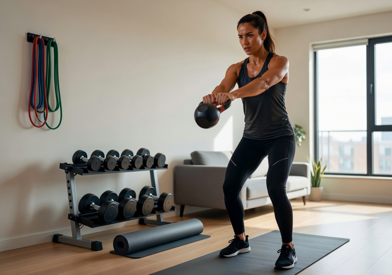 Person performing workout in a modern small apartment with compact gym equipment