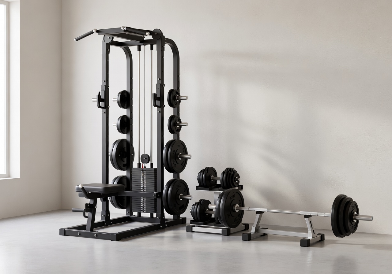 PowerCompact Set complete compact home gym equipment set with dumbbells and bar