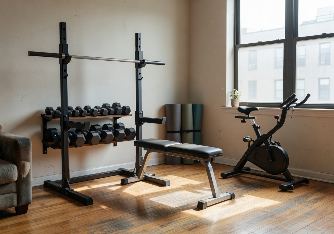 Small apartment living room transformed into a compact home gym space